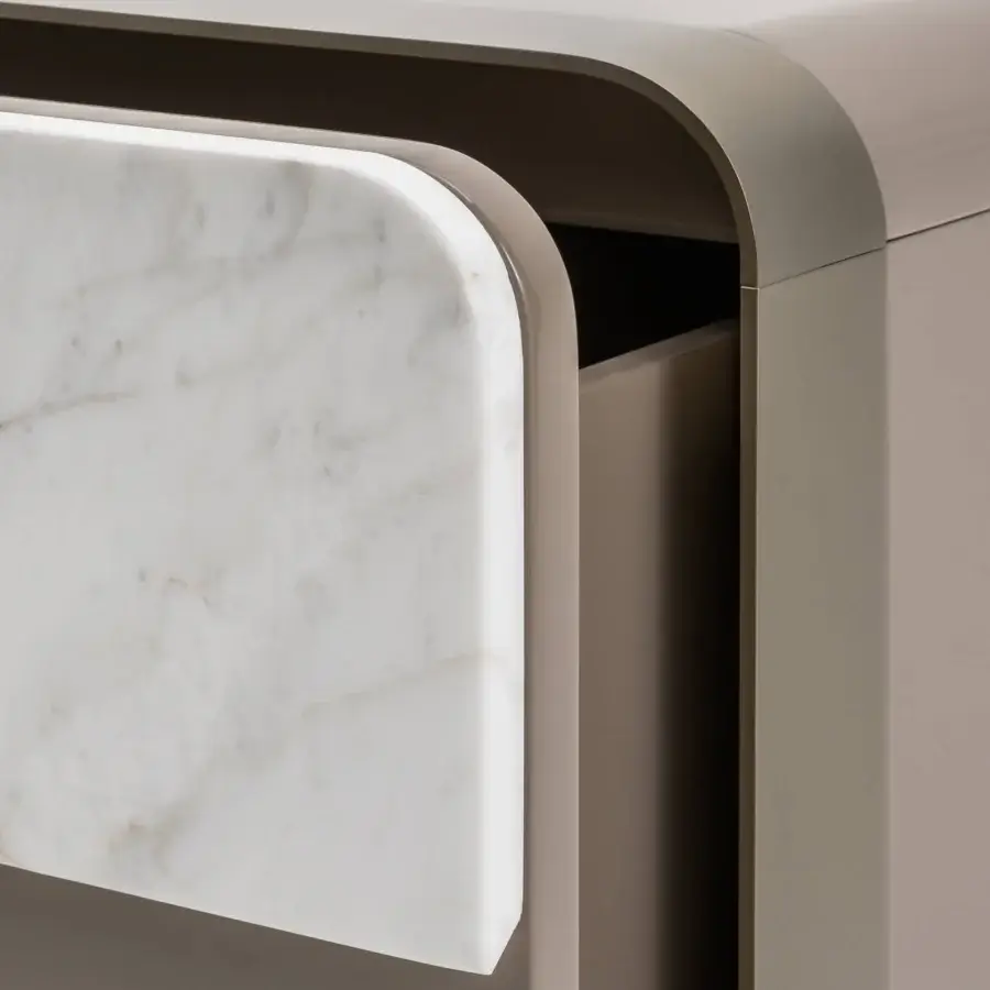 Distinguished Turri Soul TV stand with rounded edges, light taupe glossy finish and elegant marble insert crafted in Italy