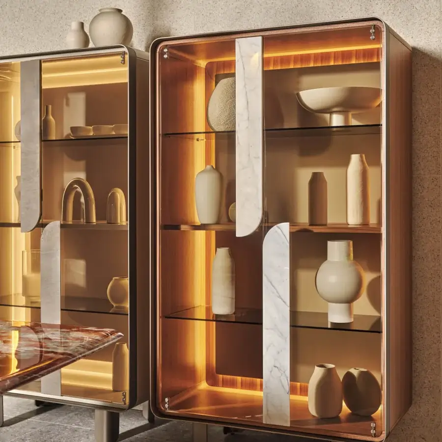Elegant Turri Soul cupboard with lacquered wood, transparent glass doors and white marble applications with leather backlighting