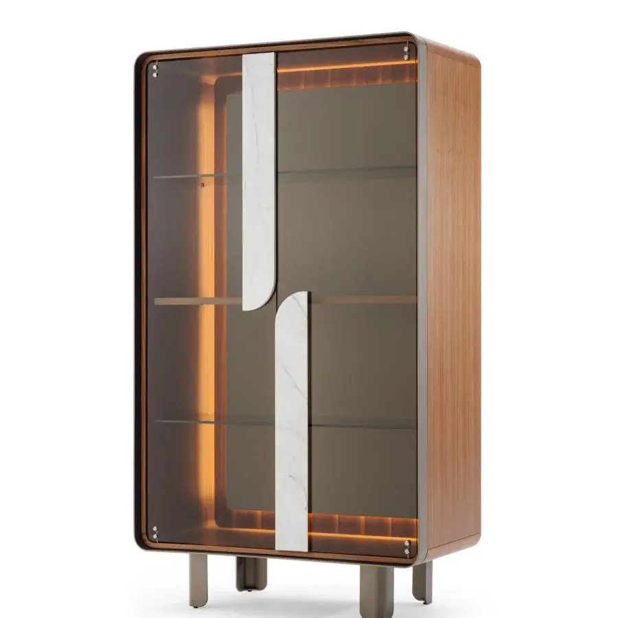 Superior Turri Soul cupboard with light brown lacquered wood, transparent glass doors and white marble accents
