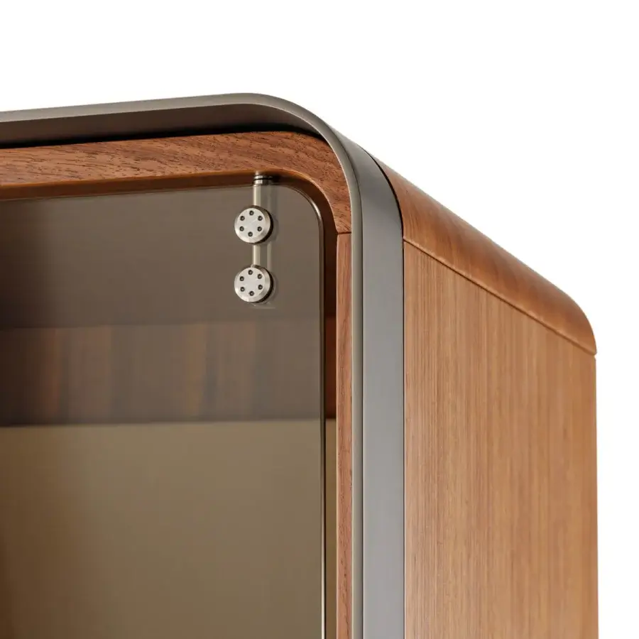 Distinguished Turri Soul cupboard with transparent glass doors and medium brown lacquered wood complemented by a metal frame