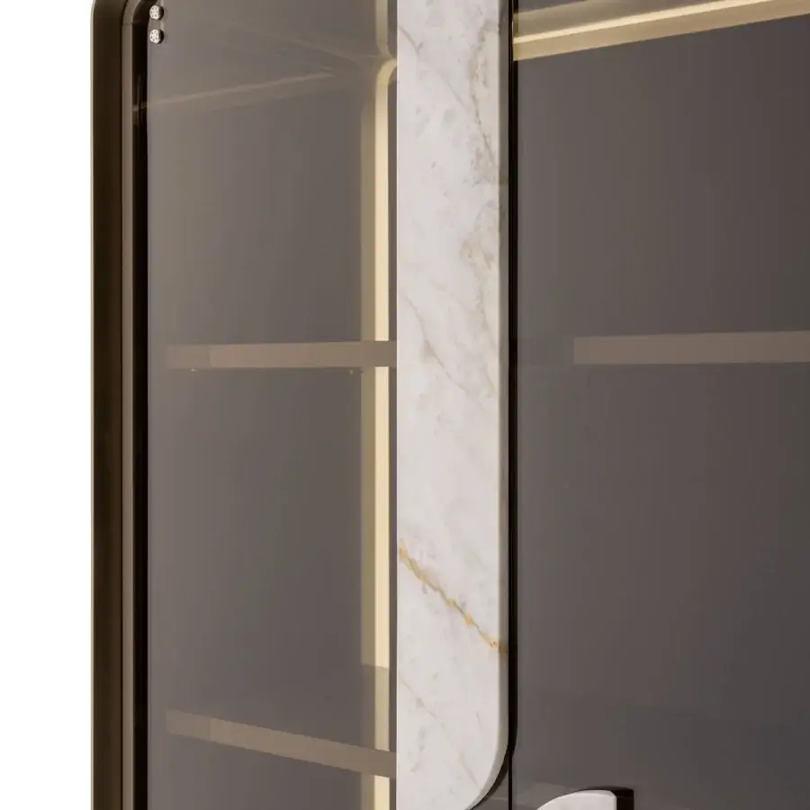 Exceptional Turri Soul cupboard with walnut wood, bronze metal, tinted glass doors and light marble handles revealing backlit leather within