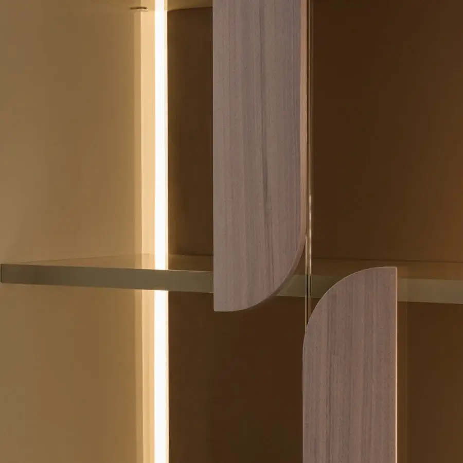 Exceptional Turri Soul cupboard with transparent glass doors, lacquered wood, and illuminated leather back panel