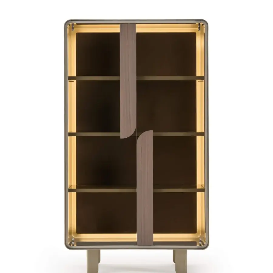 Elegant Turri Soul cupboard with transparent glass doors, lacquered wood framing, and a leather interior back panel