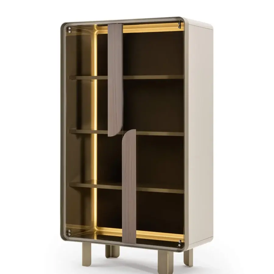 Superior Turri Soul cupboard with light beige lacquered wood, brown wood panels, transparent glass doors, and metal legs