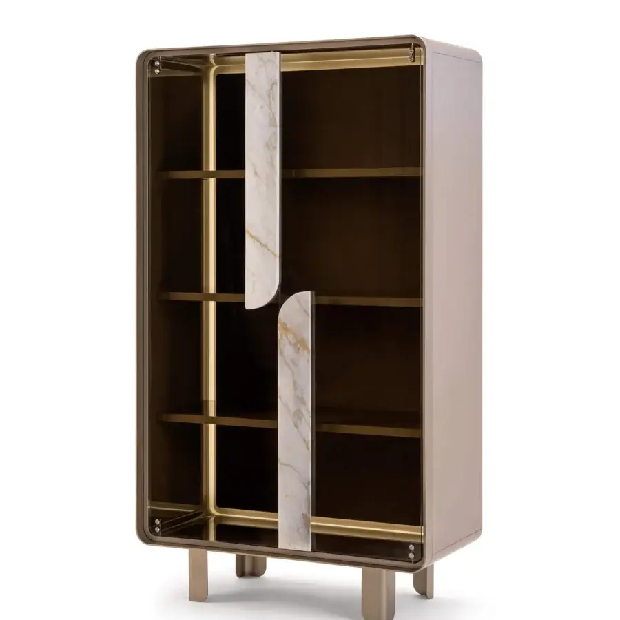 Distinguished Turri Soul cupboard with transparent glass, walnut wood, and marble applications, built with dark brown shelving