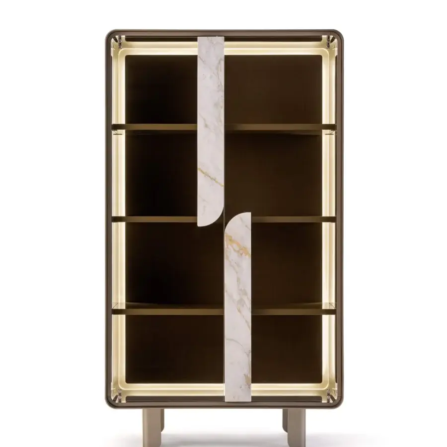 Elegant Turri Soul cupboard with transparent glass doors, lacquered wood, and marble applications in dark brown finish