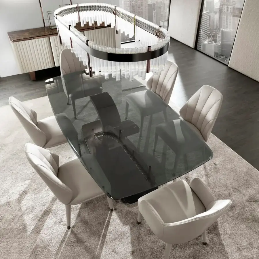 Innovative DV Home Collection Kent Plus suite table with an X shape stainless steel base and smoke tempered glass top