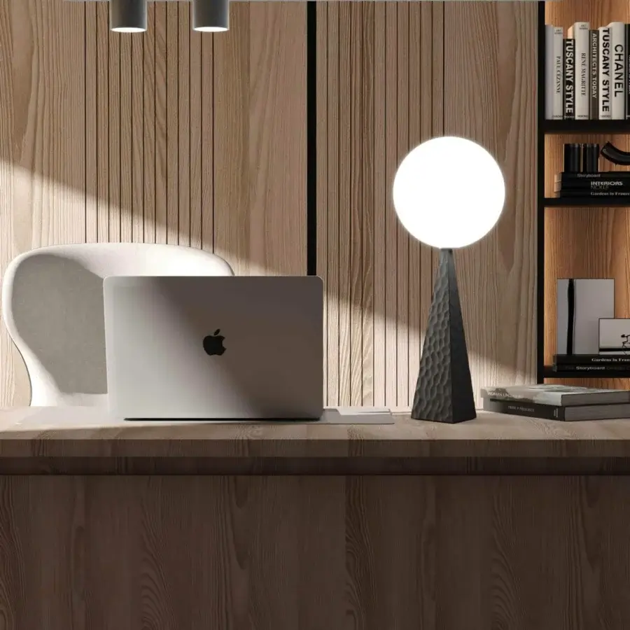 Distinguished Stillux Glo table lamp with a pyramid base in hammered steel and a handmade blown glass lampshade in matte finish