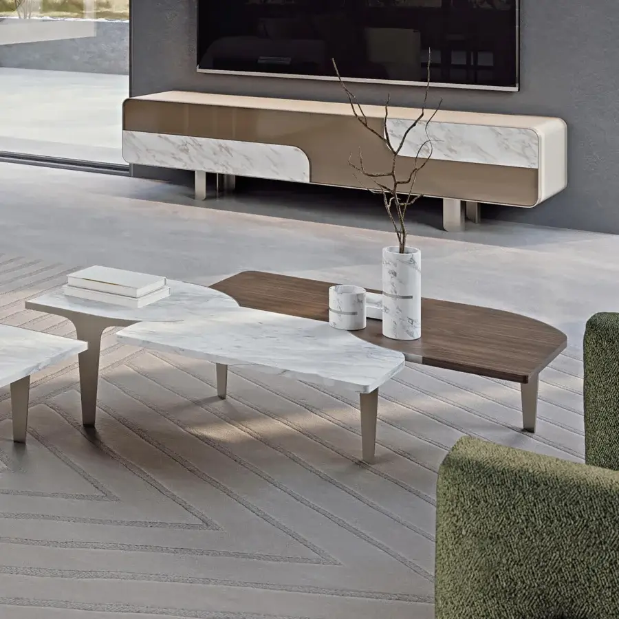 Distinguished Turri Soul coffee table with asymmetrical wood and white marble top supported by slim matte metal legs