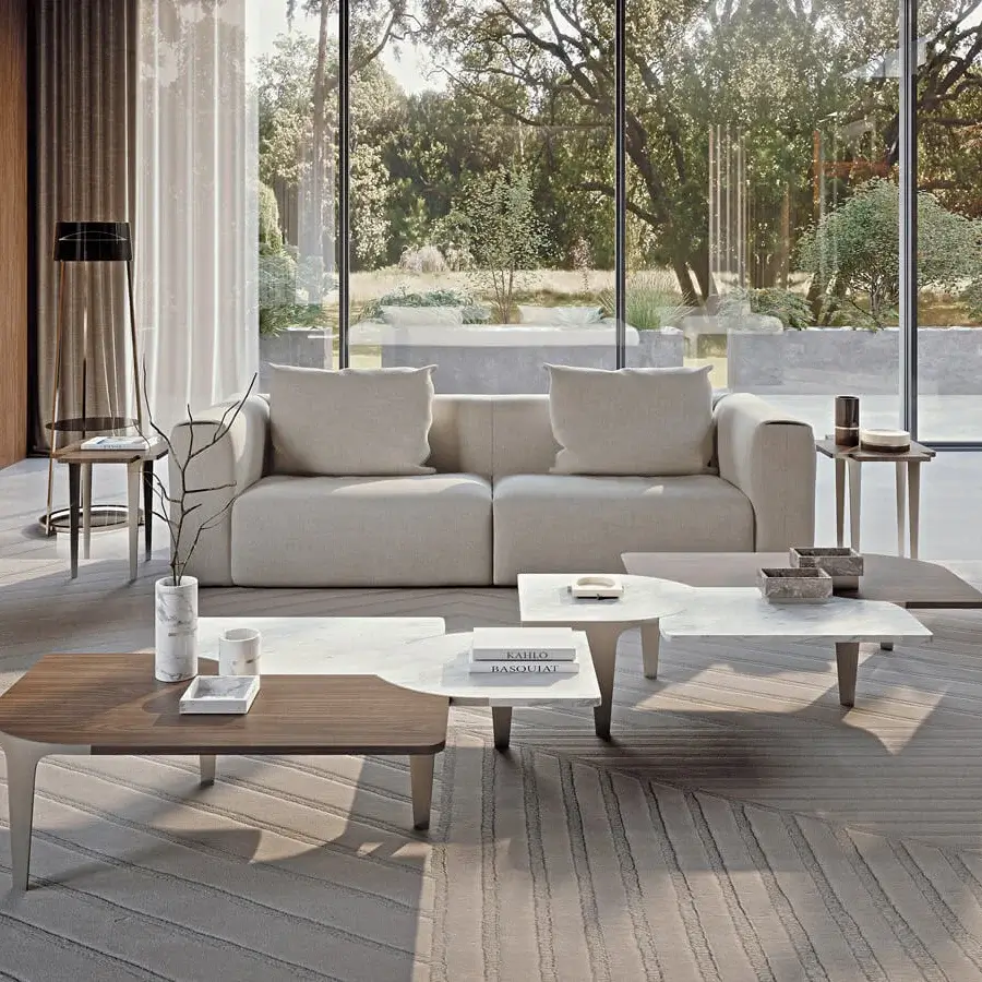 Exceptional Turri Soul coffee table with flower-like warm brown wood and creamy white marble construction