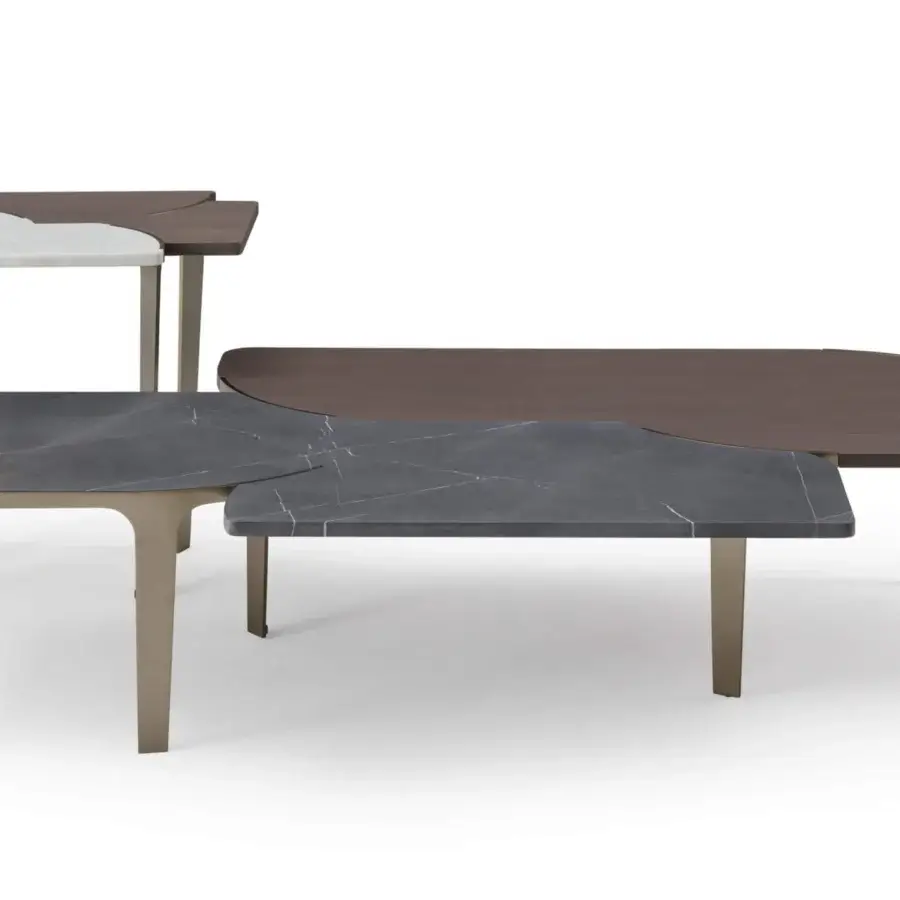 Exceptional Turri Soul coffee table with a split wood and richly veined dark marble top plus muted gold metallic legs