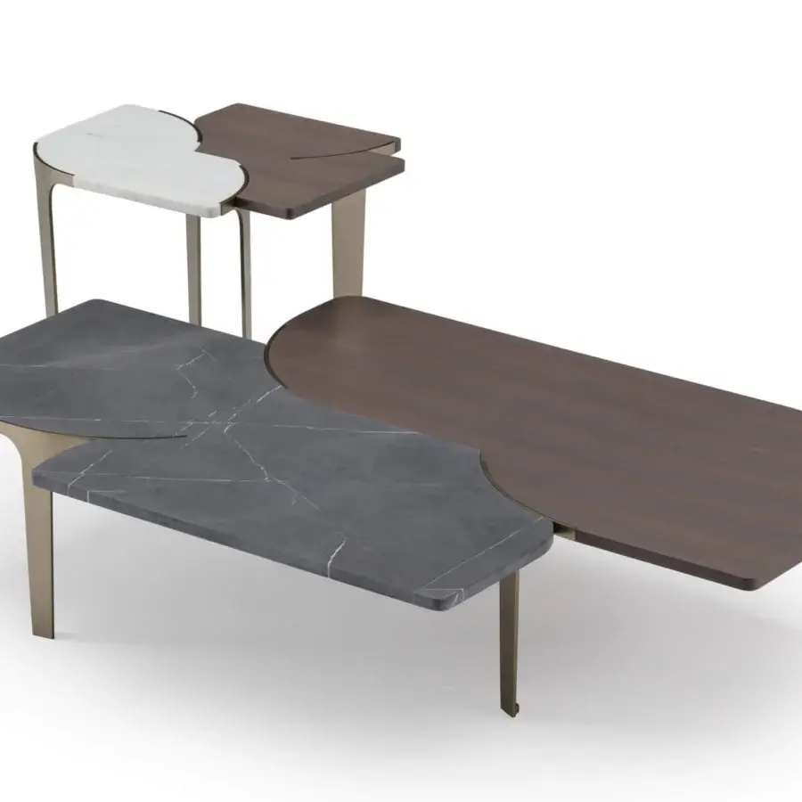 Captivating Turri Soul coffee table with a uniquely shaped top crafted from dark brown wood and dark gray marble with matte metal legs