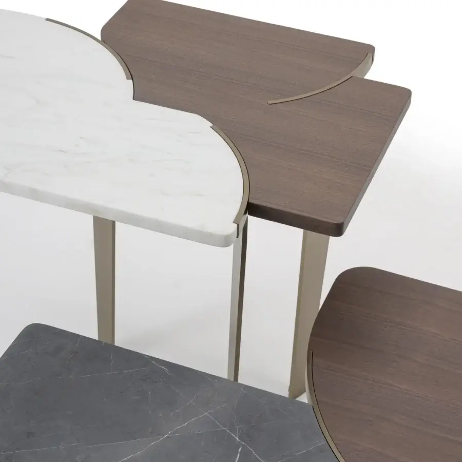 Superior Turri Soul coffee table with light metal legs and a wood top inlaid with gray marble finish