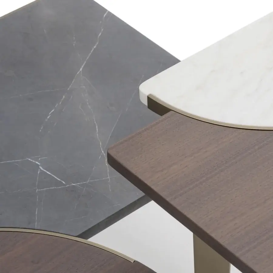 Distinguished Turri Soul coffee table with a flower-shaped wood and gray marble top plus light metallic edges