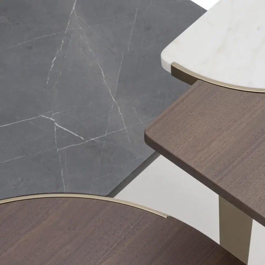 Captivating Turri Soul coffee table with a flower-like silhouette in gray marble, wood, and light metal with a smooth finish