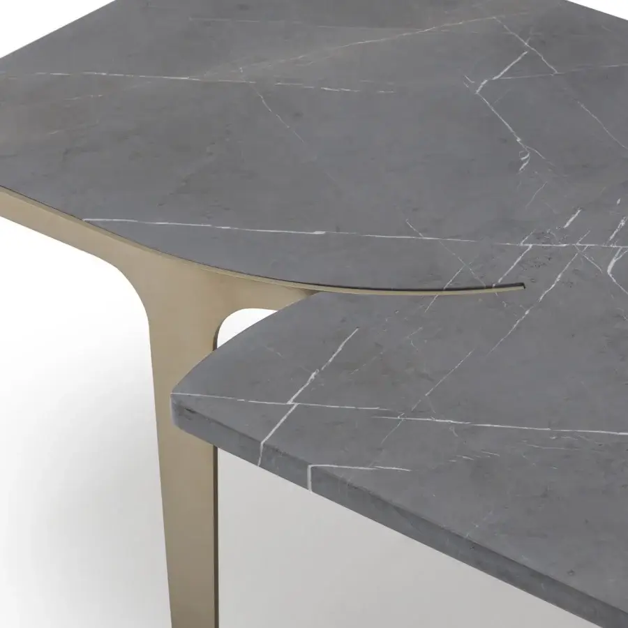 Exclusive Turri Soul coffee table with brushed gold legs and a gray marble-accented wooden top in a smooth finish