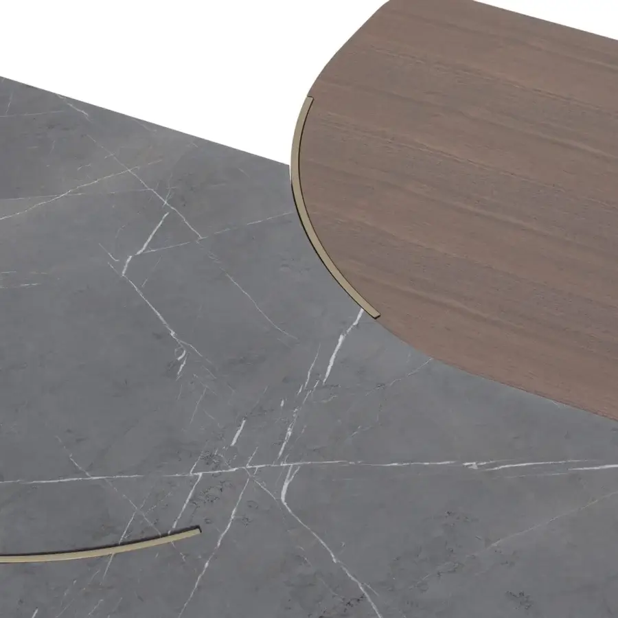 Superior Turri Soul coffee table with a gray marble and smooth matte wood-like surface accented with gilded metal legs