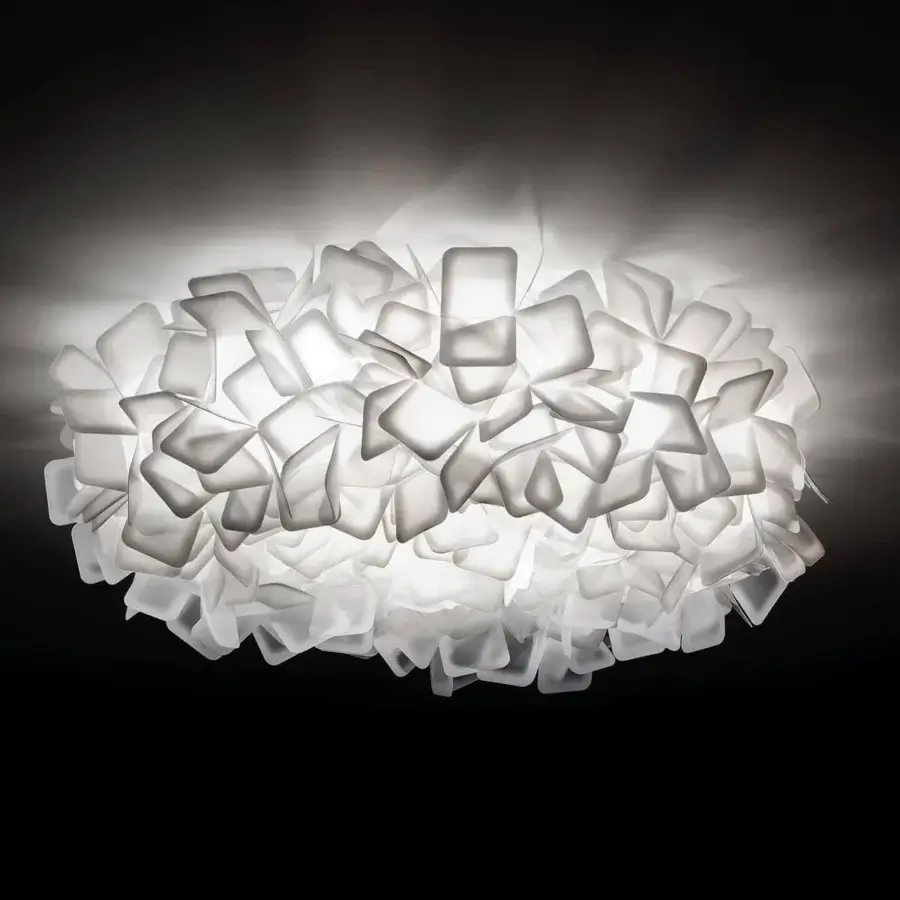 Elegant Slamp Clizia ceiling/wall lamp in matte white Opalflex® with a woven, cloud-like form crafted for a uniform glow