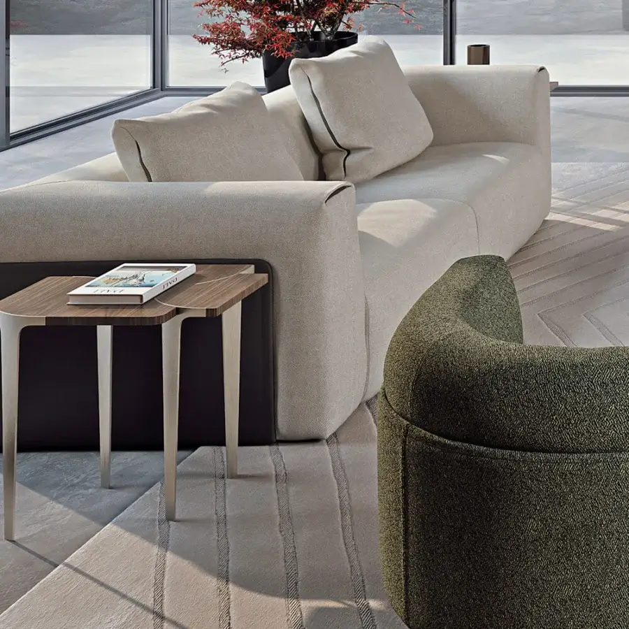 Exceptional Turri Soul side table with a flower-shaped wood top and light silver metal legs in a dark brown matte finish