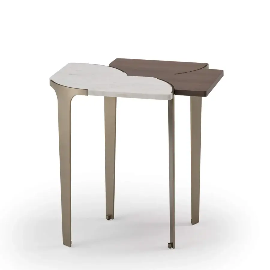 Superior Turri Soul side table with white marble and medium-brown wood in a flower-like shape crafted with thin metal legs
