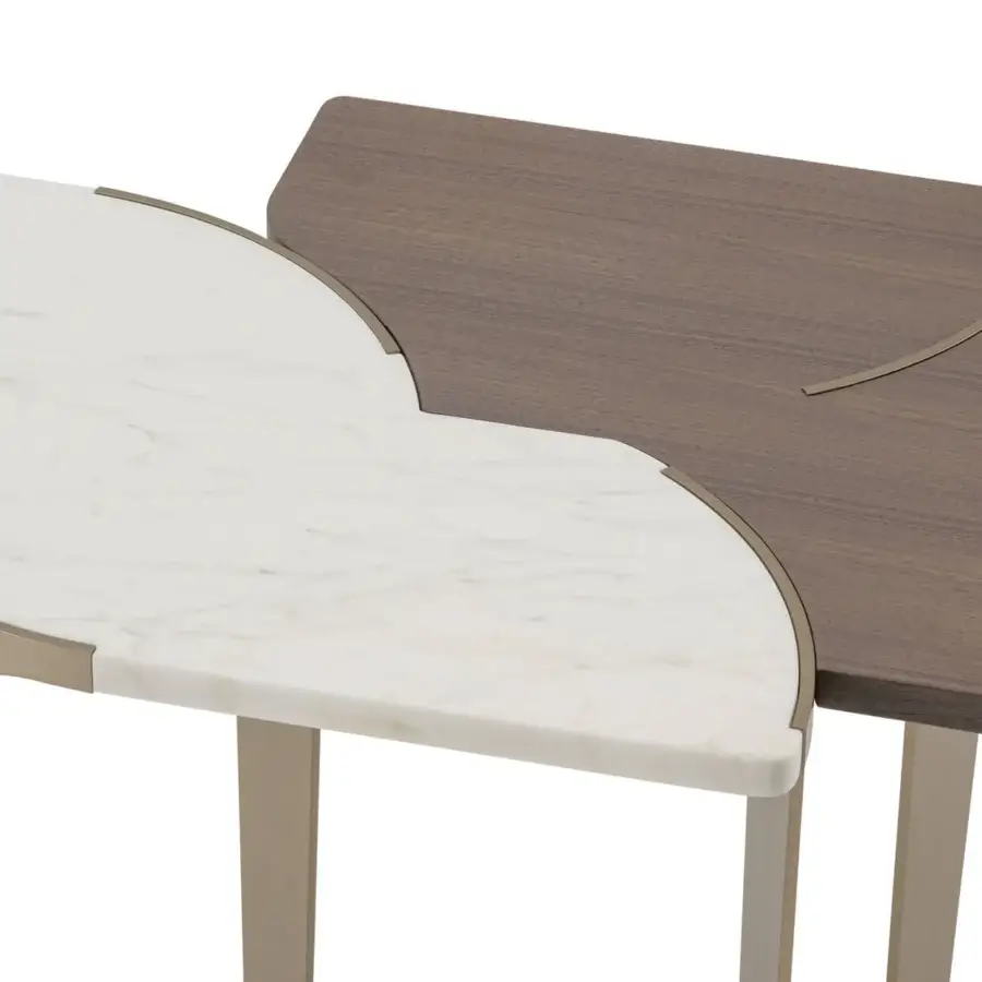 Distinguished Turri Soul side table with uniquely shaped brown wood and white marble tabletop in matte metal finish
