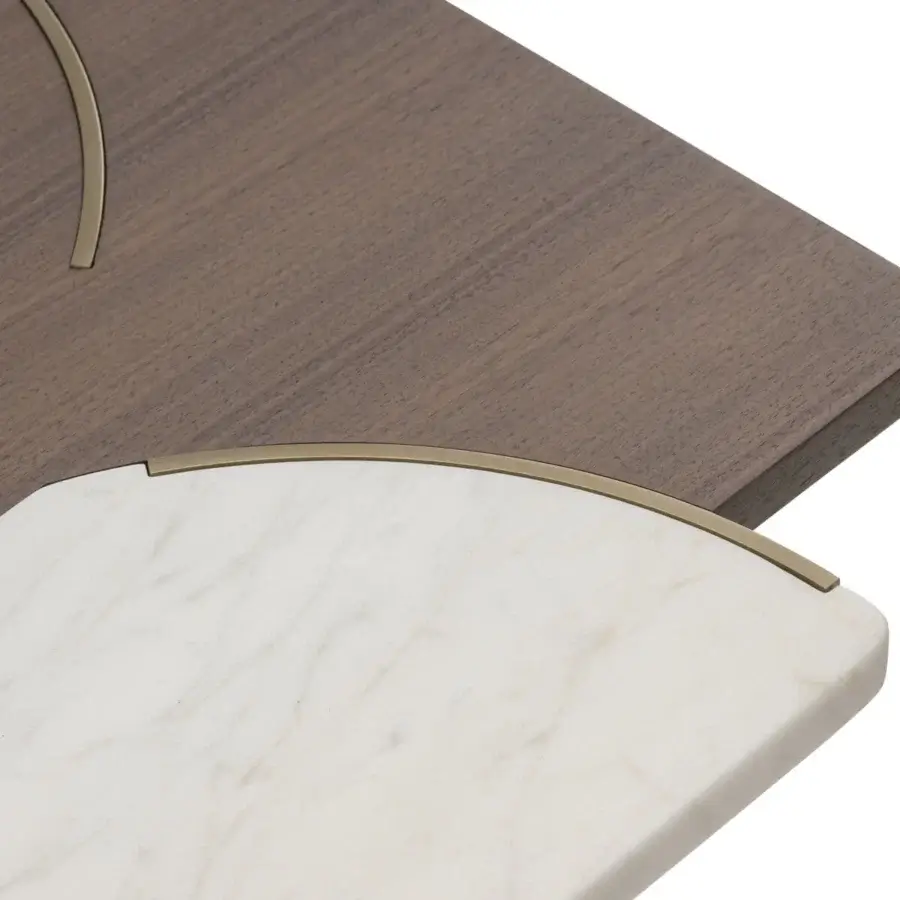 Elegant Turri Soul side table with golden metal legs and a wood marble top in matte and polished finishes