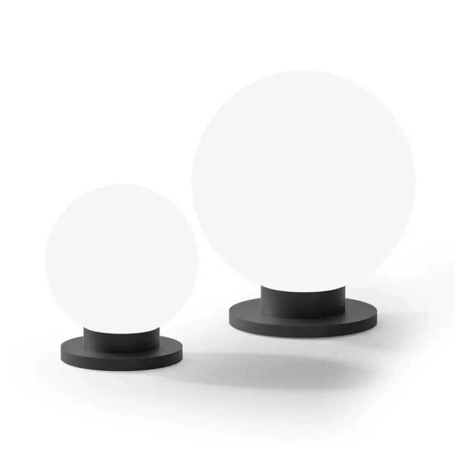 Distinguished Stillux Glo table lamp with spherical handmade matt white blown glass and cylindrical matt black metal base