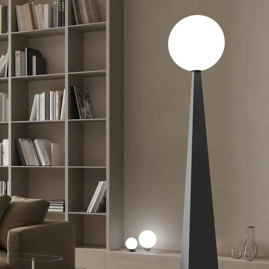 Superior Stillux Glo table lamp with spherical handmade matt white blown glass lampshade and matt black metal base
