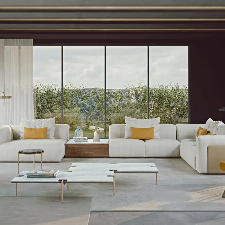 Distinctive Turri Soul lounge chair with curved silhouette in light gray textile and mustard yellow leather with circular metal base