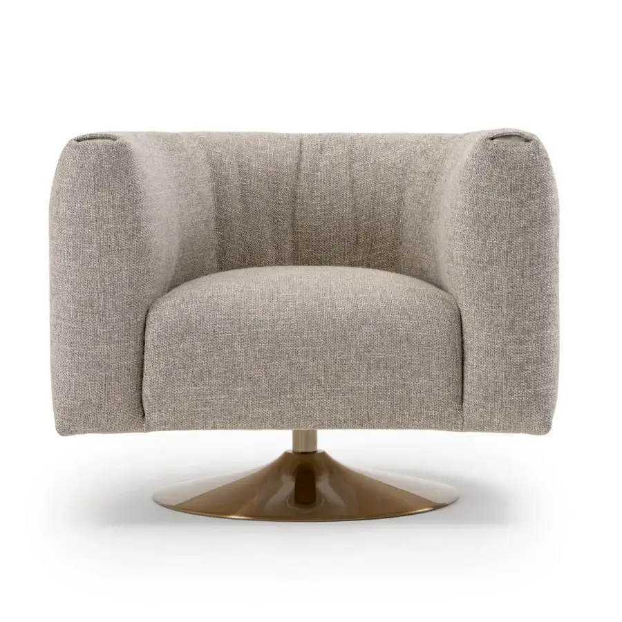 Superior Turri Soul lounge chair with rounded form in textured gray-beige textile and glossy bronze metal base