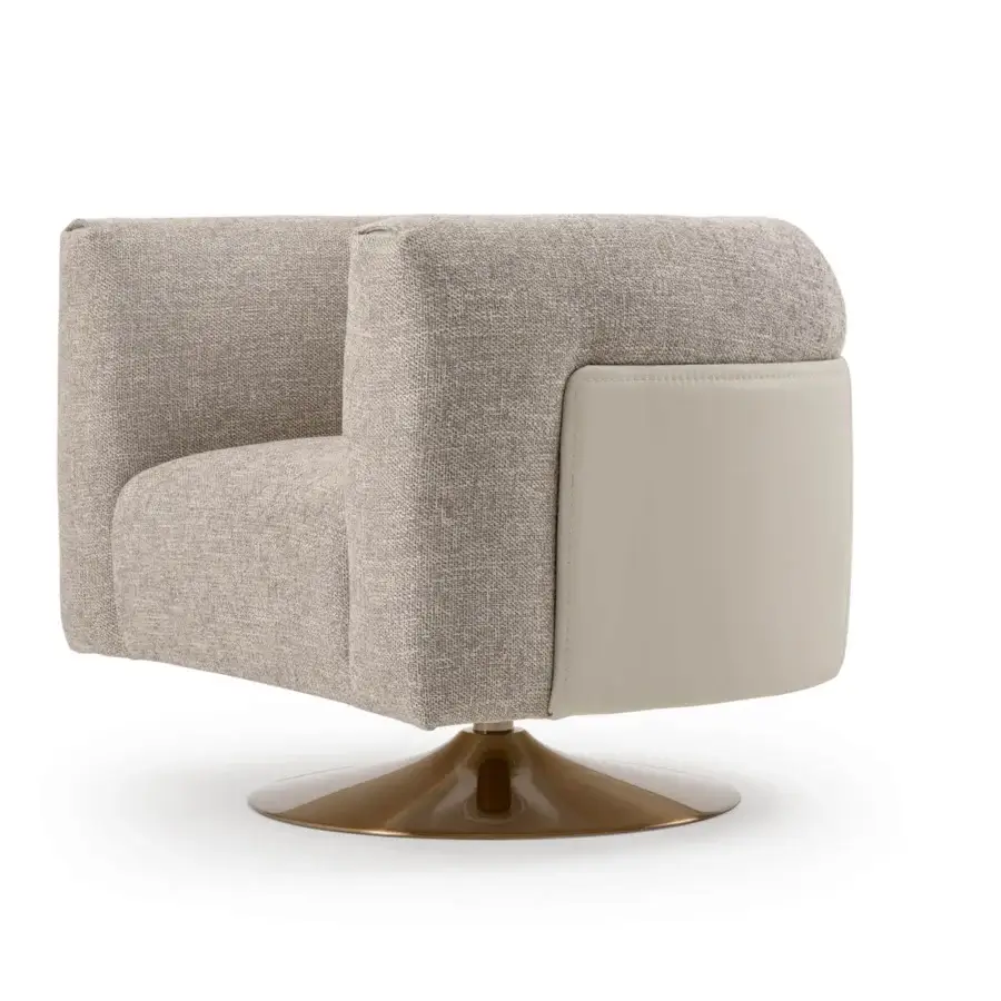 Lavish Turri Soul lounge chair with embracing panel back in heathered beige textile and light cream synthetic accents with bronze-like metal base