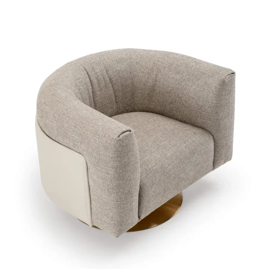 Elegant Turri Soul lounge chair with compact form in light beige textured fabric and gold finished metal base