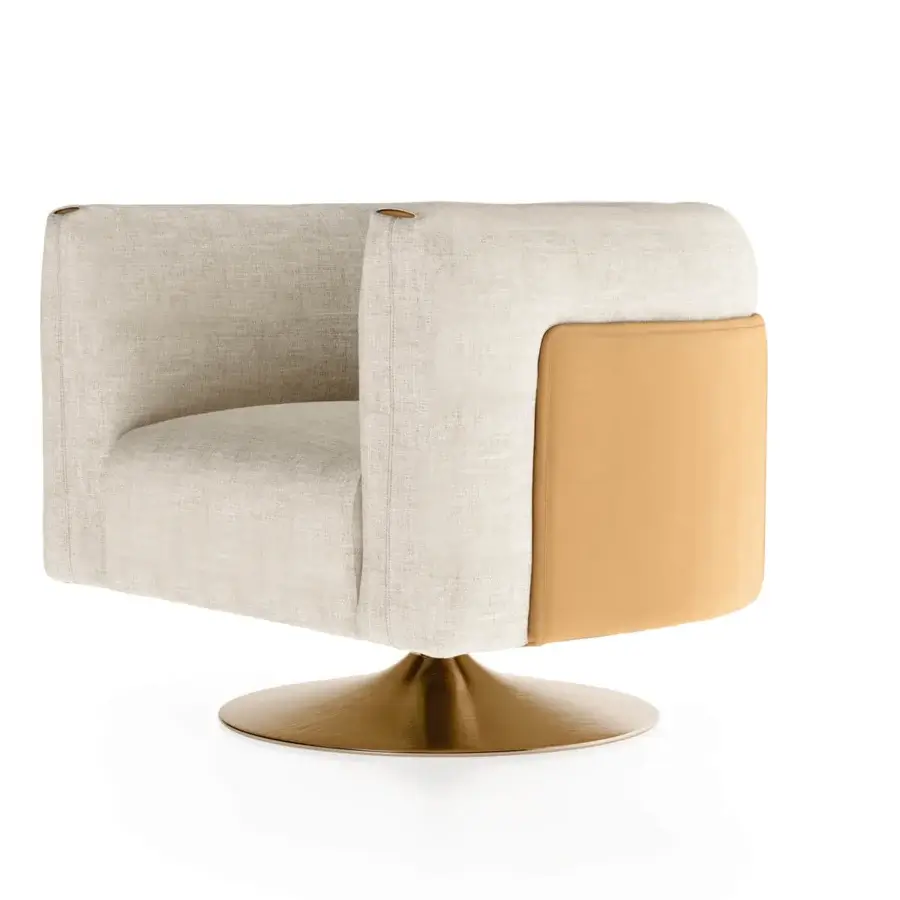 Exceptional Turri Soul lounge chair with geometric silhouette upholstered in light beige textile and tan panel with reflective metal base