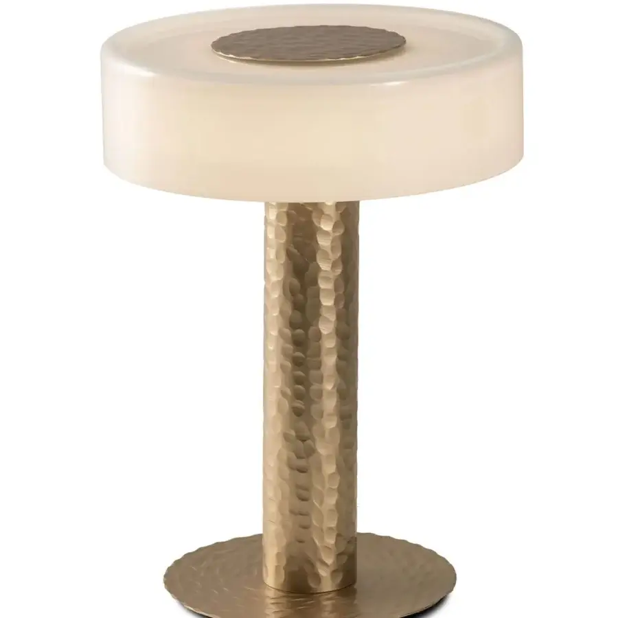 Sophisticated Stillux Rock table lamp with a hammered steel base and handmade glossy white blown glass diffuser