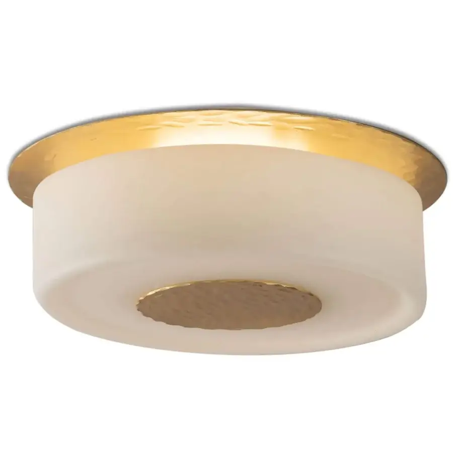 Distinguished Stillux Rock ceiling lamp crafted in steel with a hammered golden effect and refined handmade matt white blown glass diffuser
