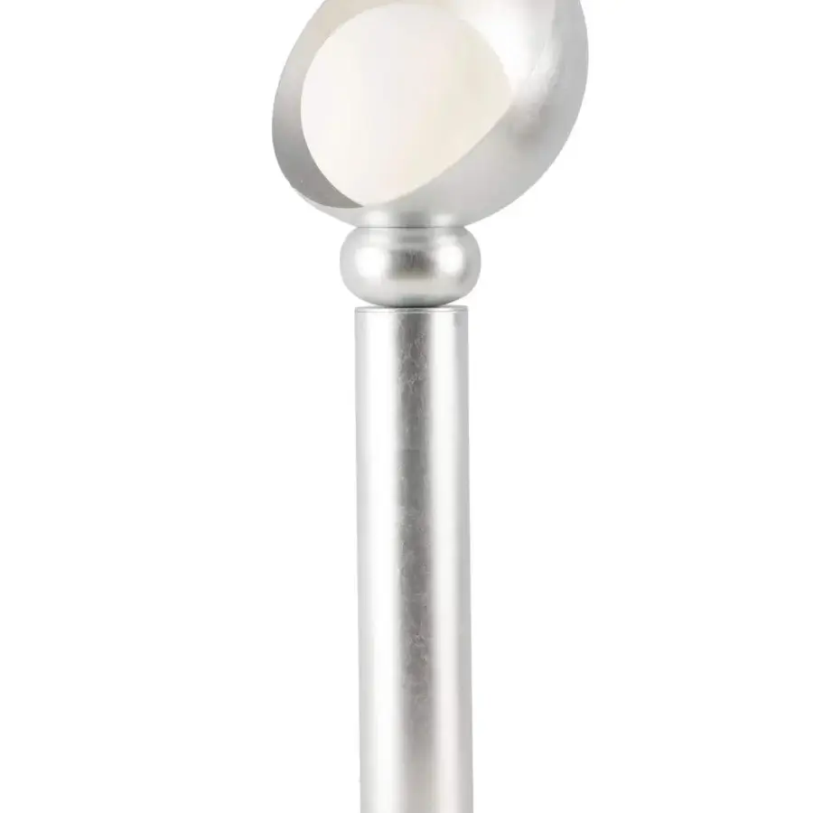 Superior Stillux Helo table lamp with a silver metal tube and handmade matt white blown glass sphere in silver leaf