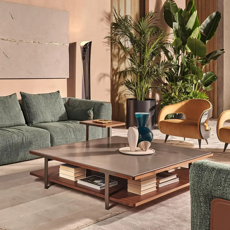 Superior Turri Soul sofa crafted in muted green woven textile with smooth brown leather accents
