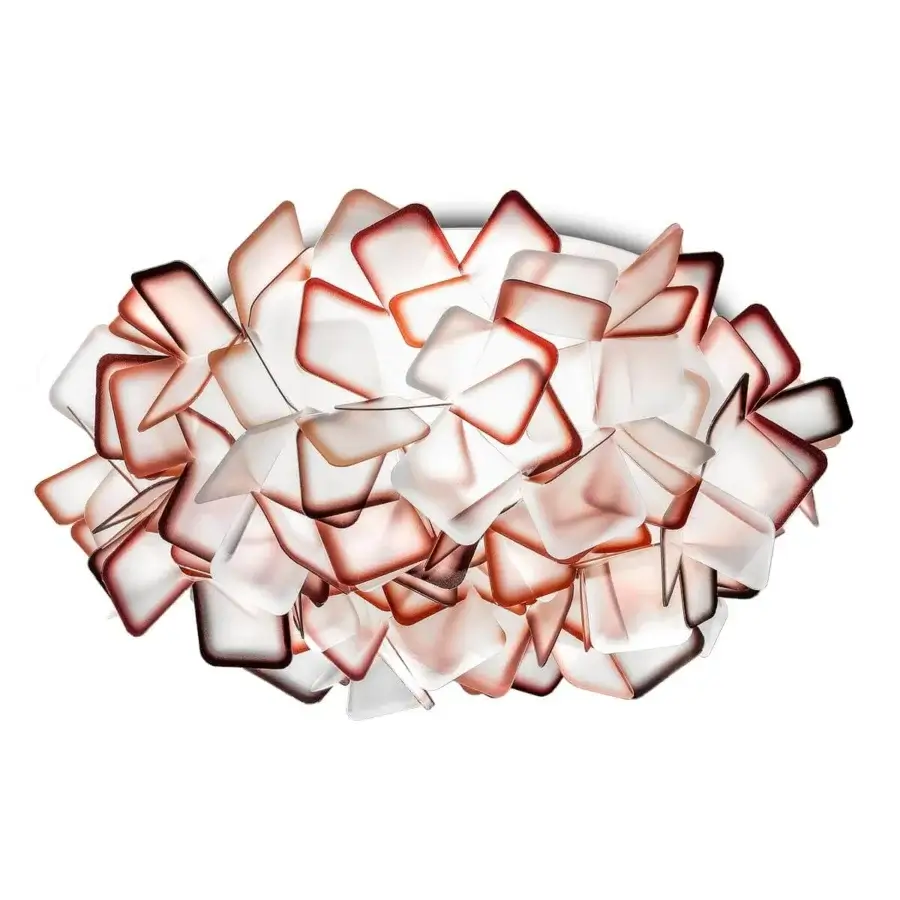 Exceptional Slamp Clizia ceiling/wall lamp with layered translucent squares of off-white and light pink Opalflex® and reddish-brown edging