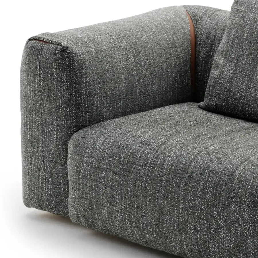 Distinguished Turri Soul sofa upholstered in coarsely woven gray textile with a matte finish and brown accenting