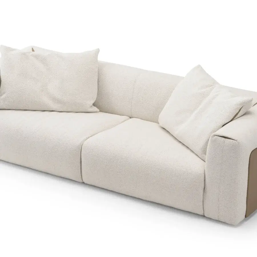 Lavish Turri Soul sofa crafted with light brown leather panels framing off-white textured textile and refined edges