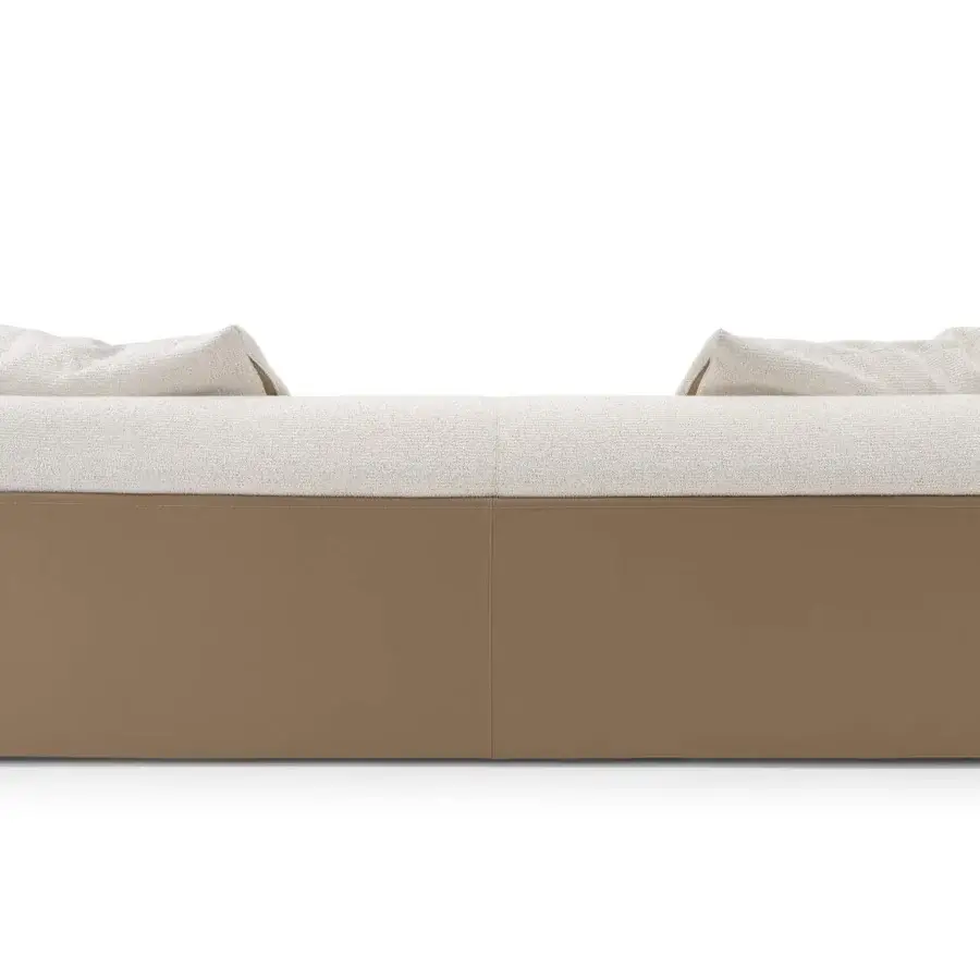 Exceptional Turri Soul sofa built with smooth light brown and textured off-white textile panels enriching armrest edges