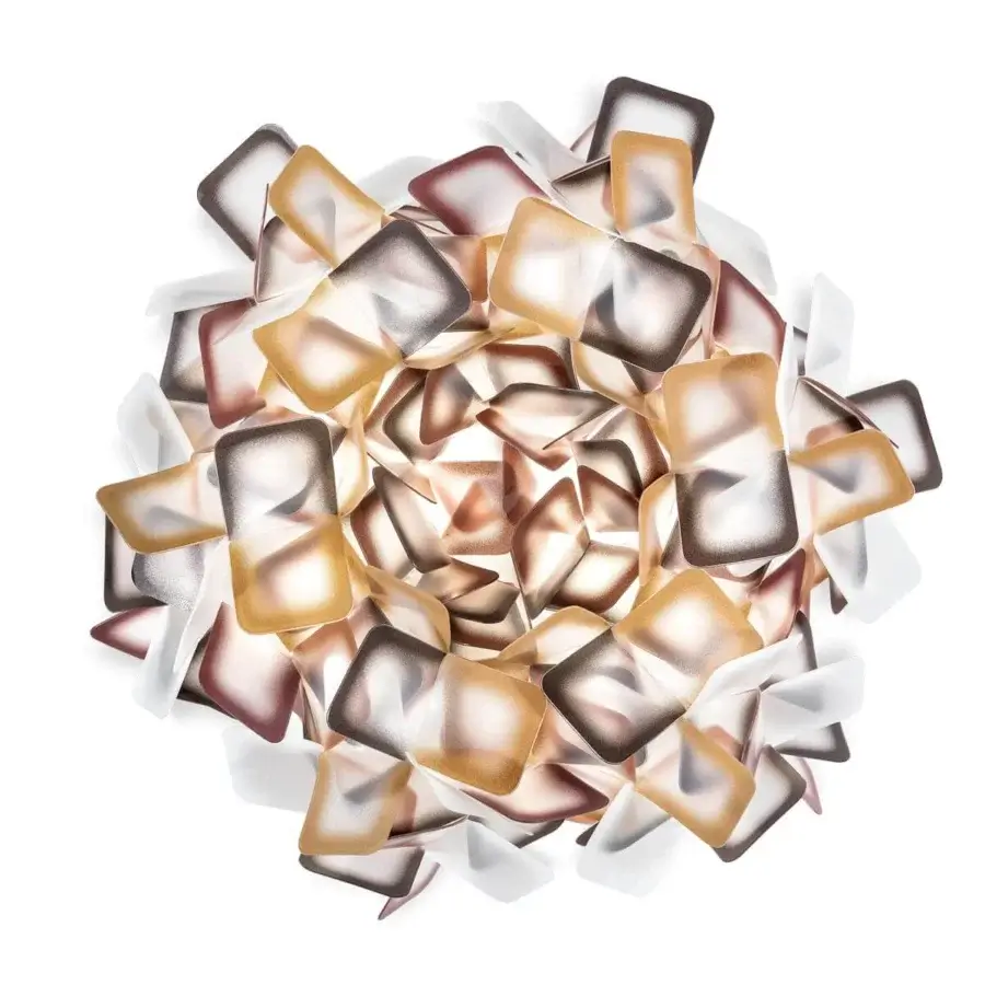 Elegant Slamp Clizia ceiling/wall lamp with sinuous form hand-assembled in Italy from squares of translucent Opalflex® glowing with warm hues