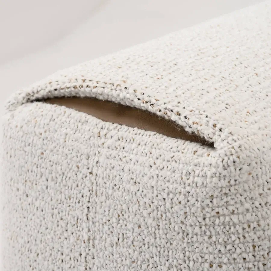 Lavish Turri Soul sofa built with woven white textile flecked with brown and tan, accented with precious inserts framing armrests
