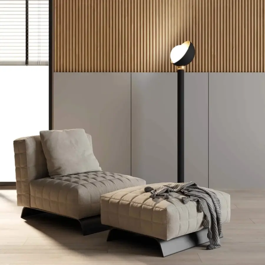 Elegant Stillux Helo floor lamp with black metal tube and handmade matt white blown glass sphere with gold leaf finish inside