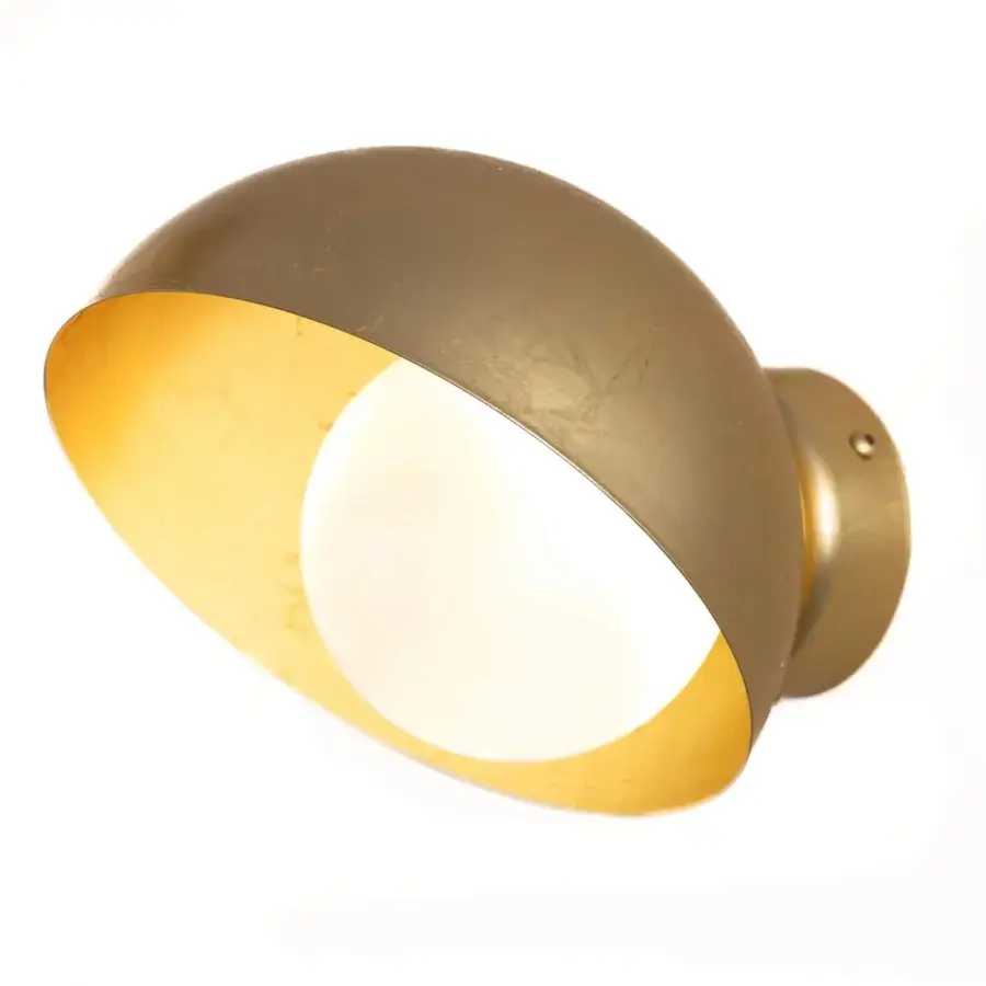 Distinguished Stillux Helo wall lamp with handmade matt white blown glass and metal sheet, finished in muted gold exterior with glossy golden leaf interior