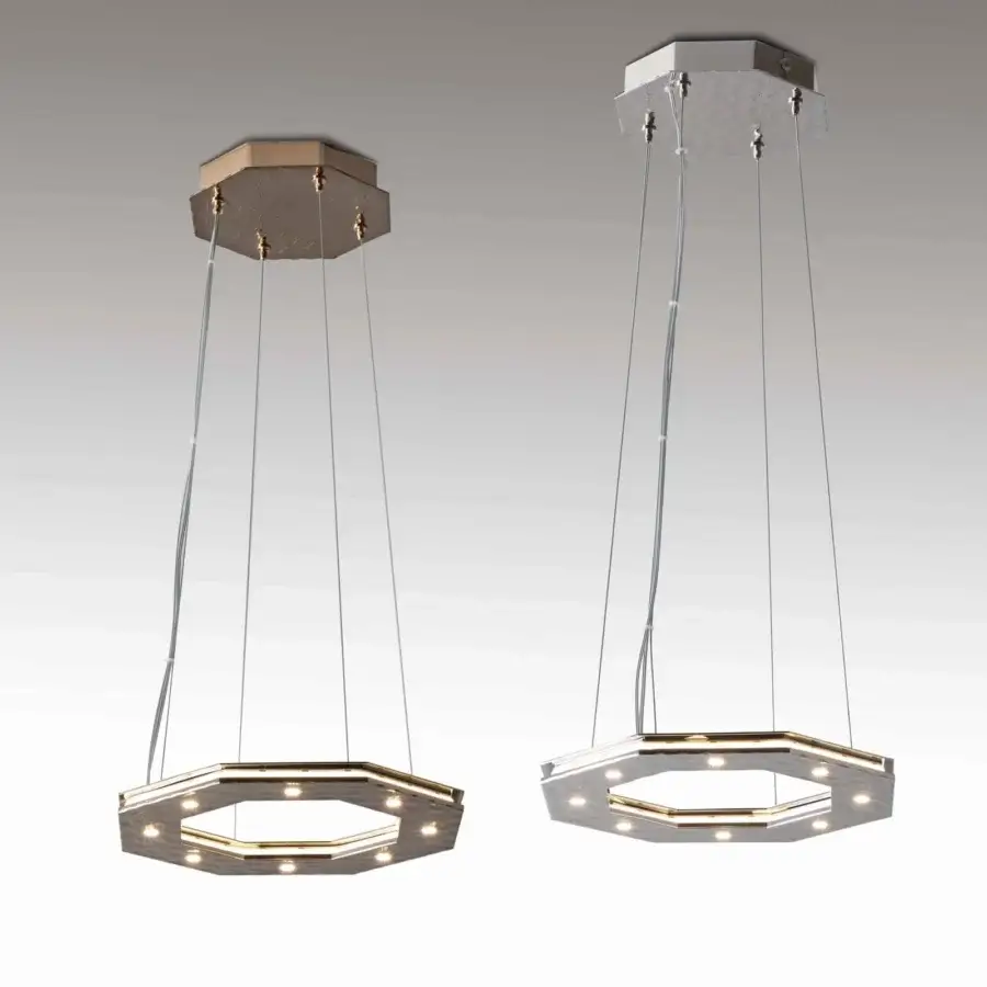 Distinguished Stillux Otto suspension lamp with geometric octagonal silhouette crafted from hammered silver-toned metal and enveloping internal lighting