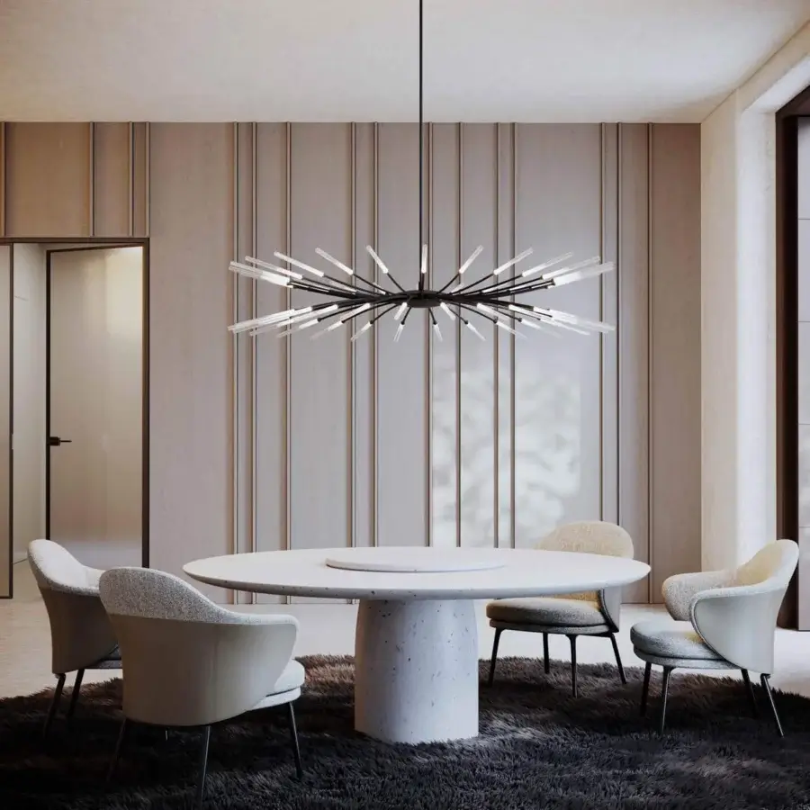 Exceptional Stillux Twig suspension lamp with radial design in black metal and frosted transparent glass diffusers