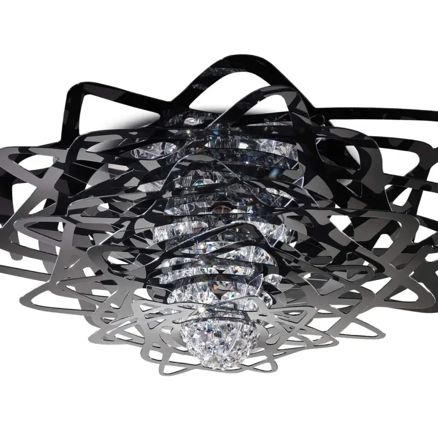 Distinctive Slamp Aurora ceiling lamp with interwoven crystalline elements and a clear faceted crystal column in glossy dark tones