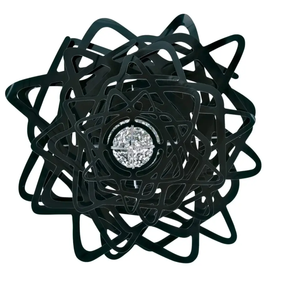 Elegant Slamp Aurora ceiling lamp in black with a complex starburst form and reflective crystals offering a glossy finish