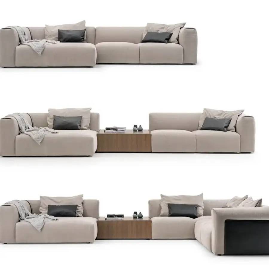 Exceptional Turri Soul sectional with light beige textile upholstery and distinctive leather armrest details